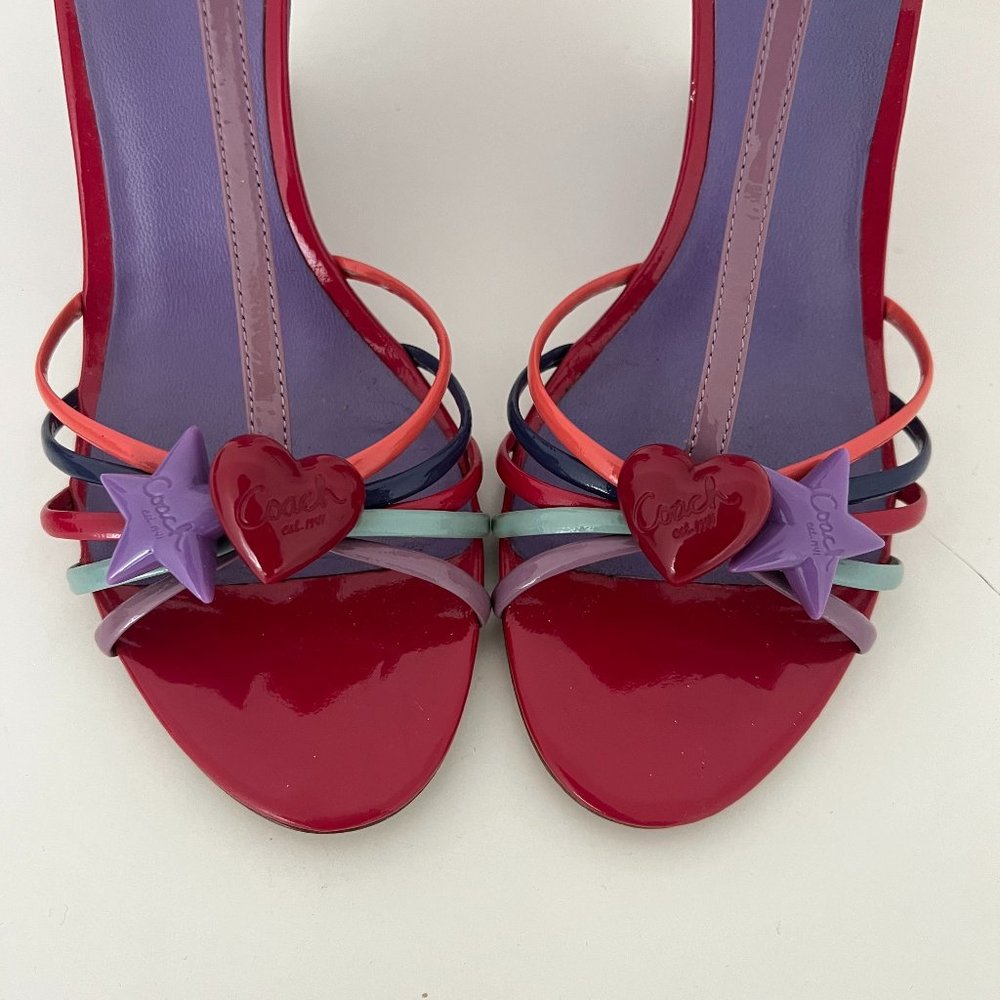 COACH TISHA HEART/STAR PATENT LEATHER WEDGE STRAPPY SANDAL HEEL PUMP